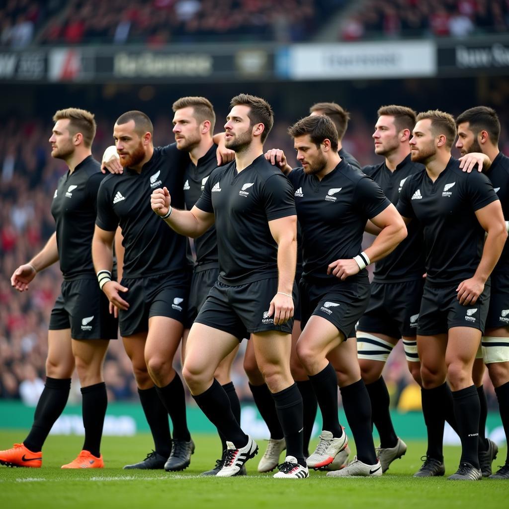 The New Zealand All Blacks performing the haka before a match against England.