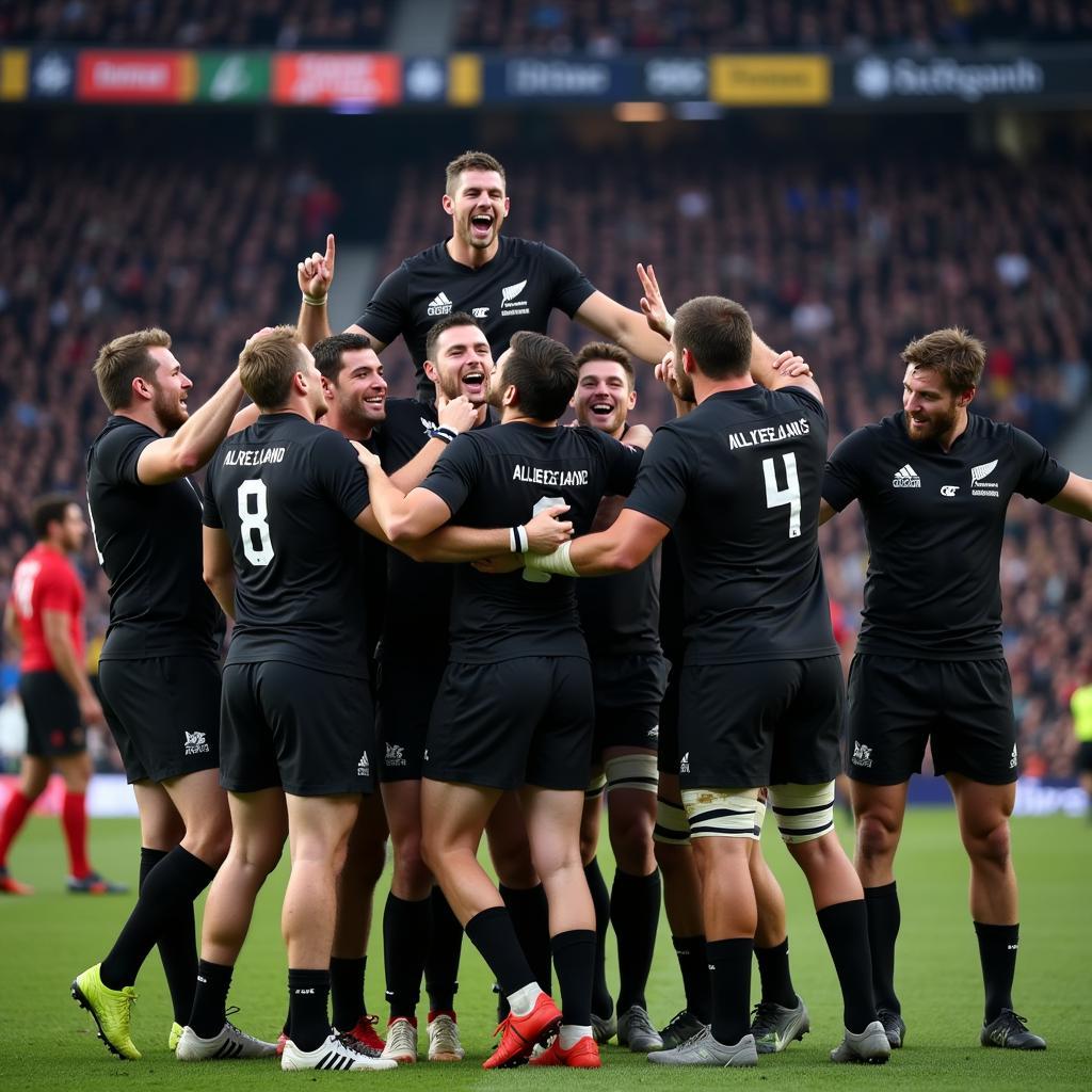 Các cầu thủ All Blacks ăn mừng chiến thắng