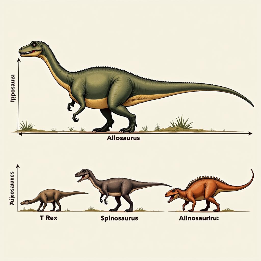 So sánh kích thước Allosaurus, T Rex và Spinosaurus