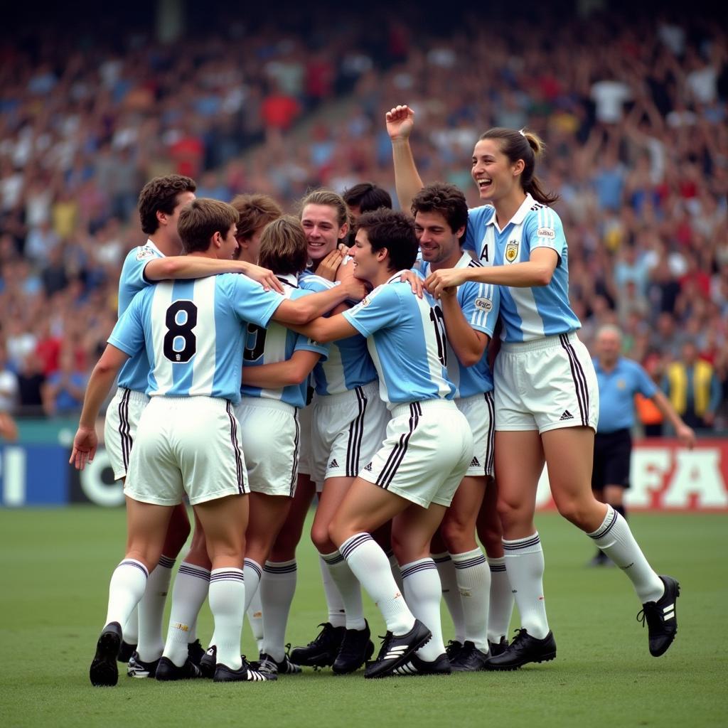 Argentina players celebrate their victory against Brazil in the 1986 World Cup