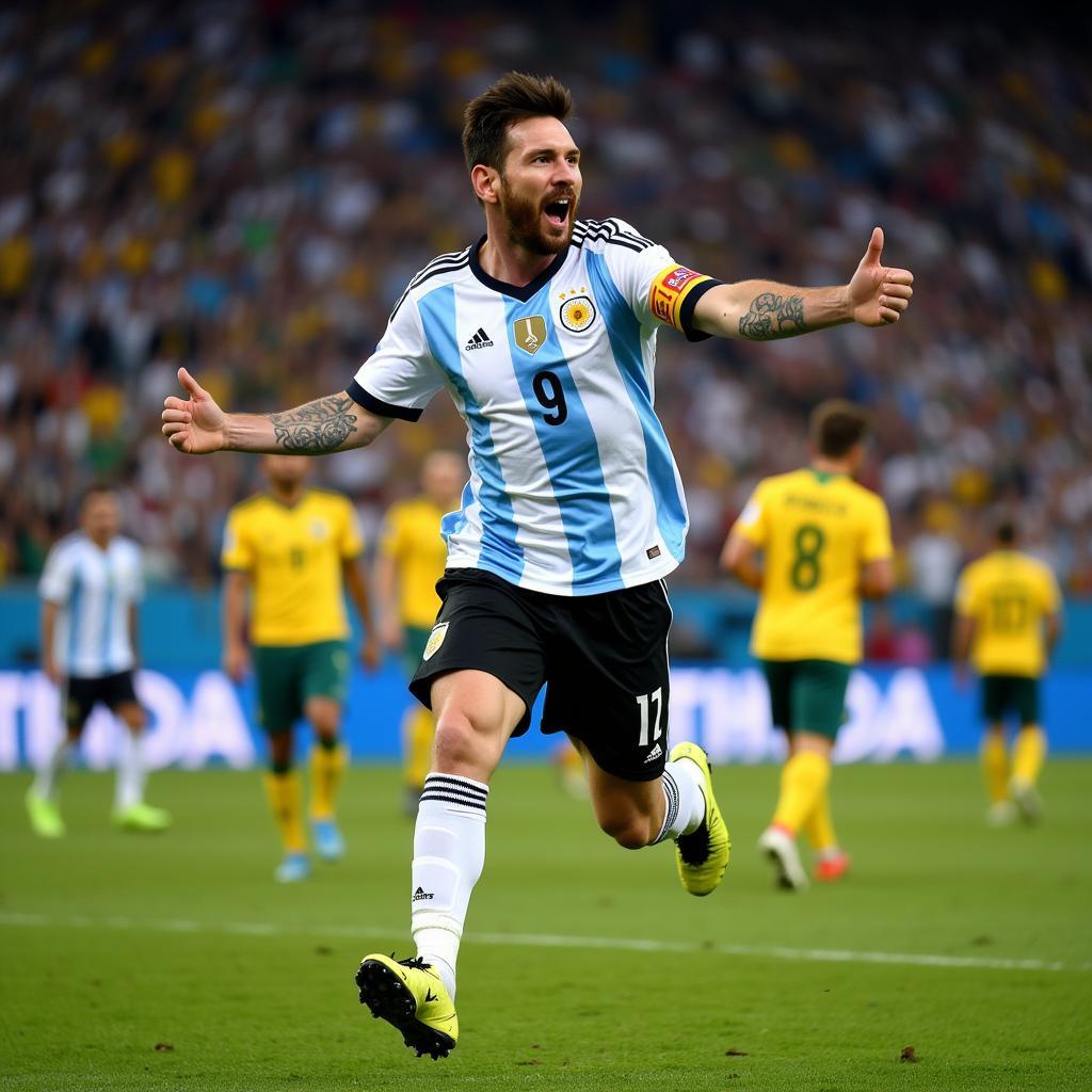 Messi ăn mừng bàn thắng trong trận đấu Argentina vs Úc