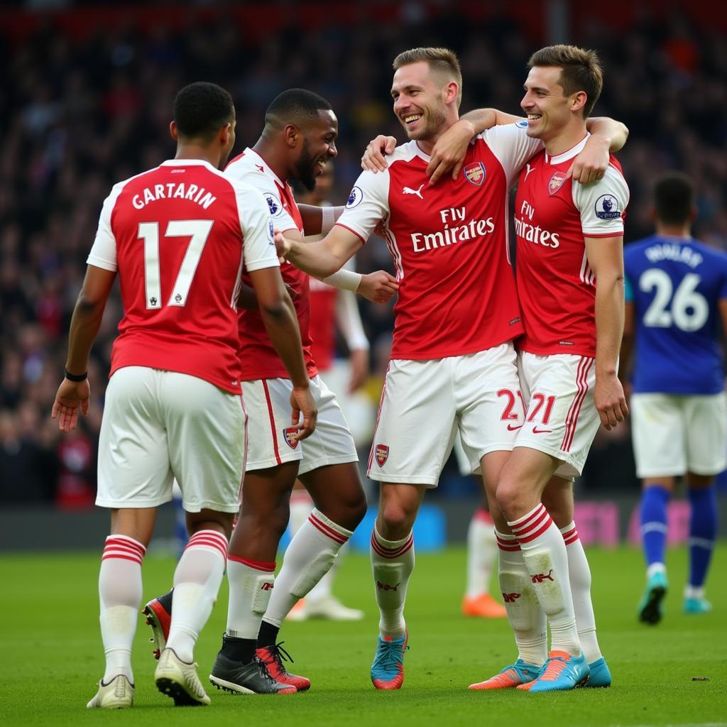 Cầu thủ Arsenal ăn mừng chiến thắng trước Everton