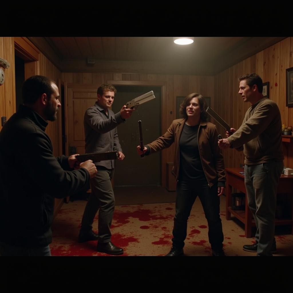 Ash and the gang fighting Deadites in the cabin