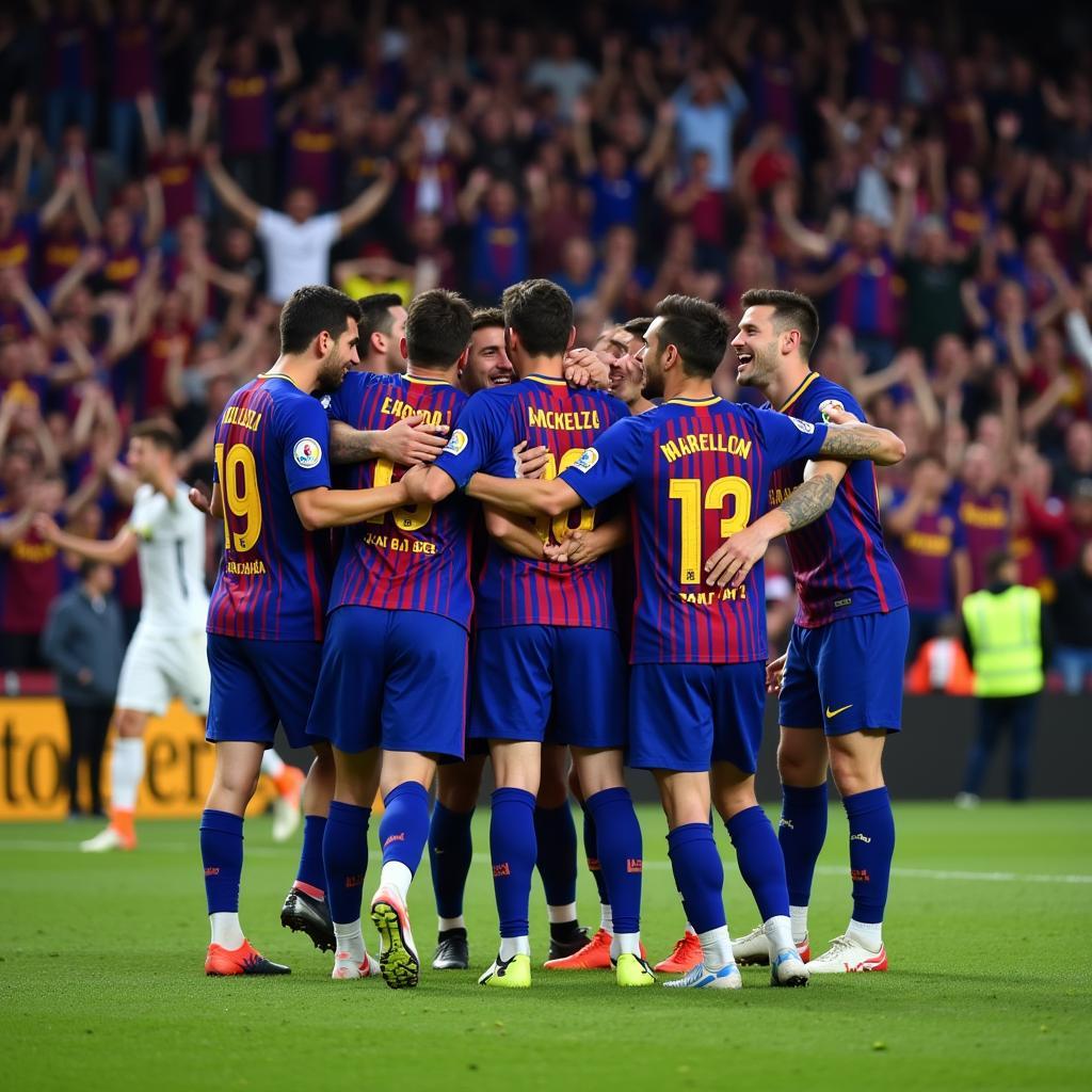 Cầu thủ Barcelona ăn mừng chiến thắng trong trận El Clasico