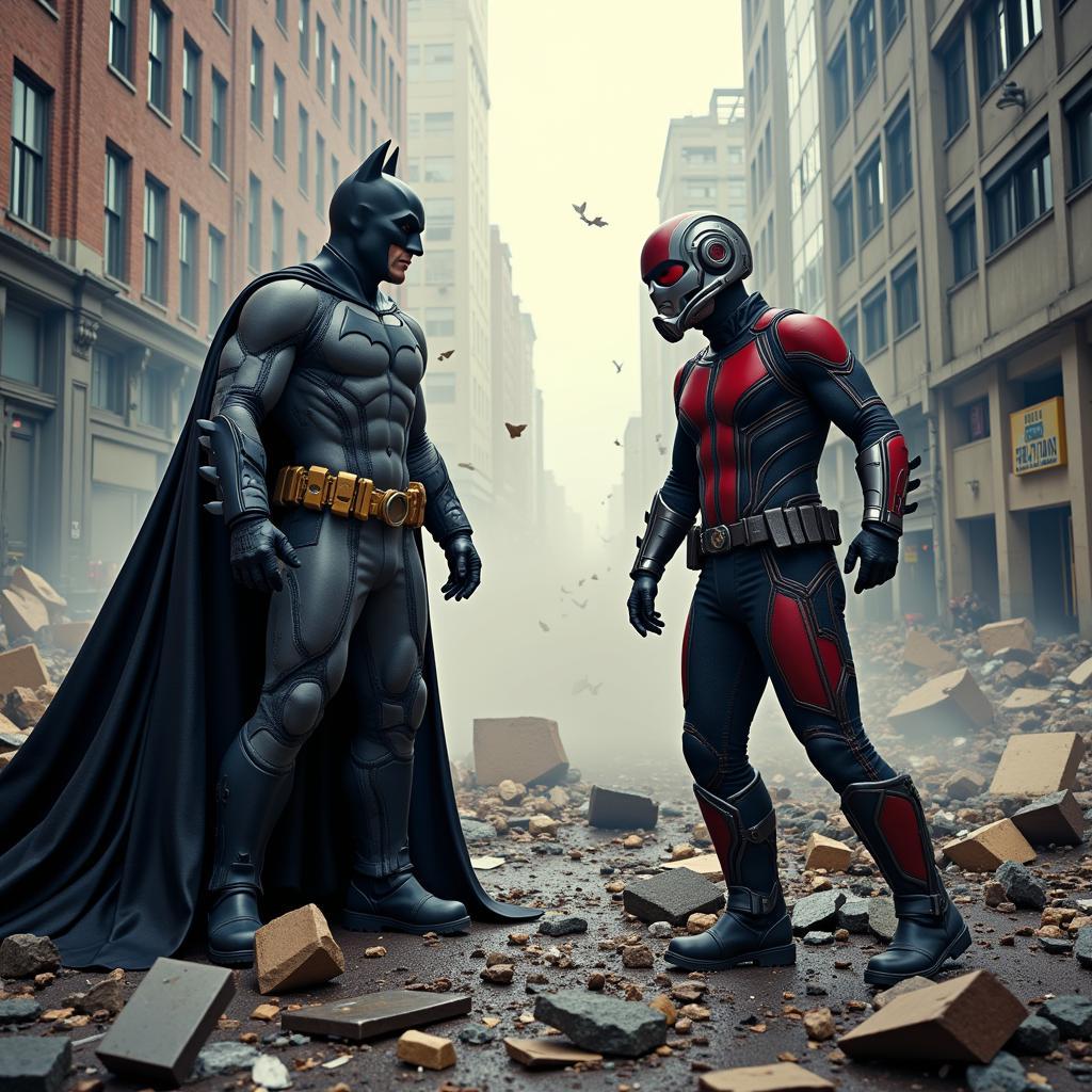 Hình ảnh Batman và Ant-Man sau cuộc chiến, với một người chiến thắng và một người thất bại