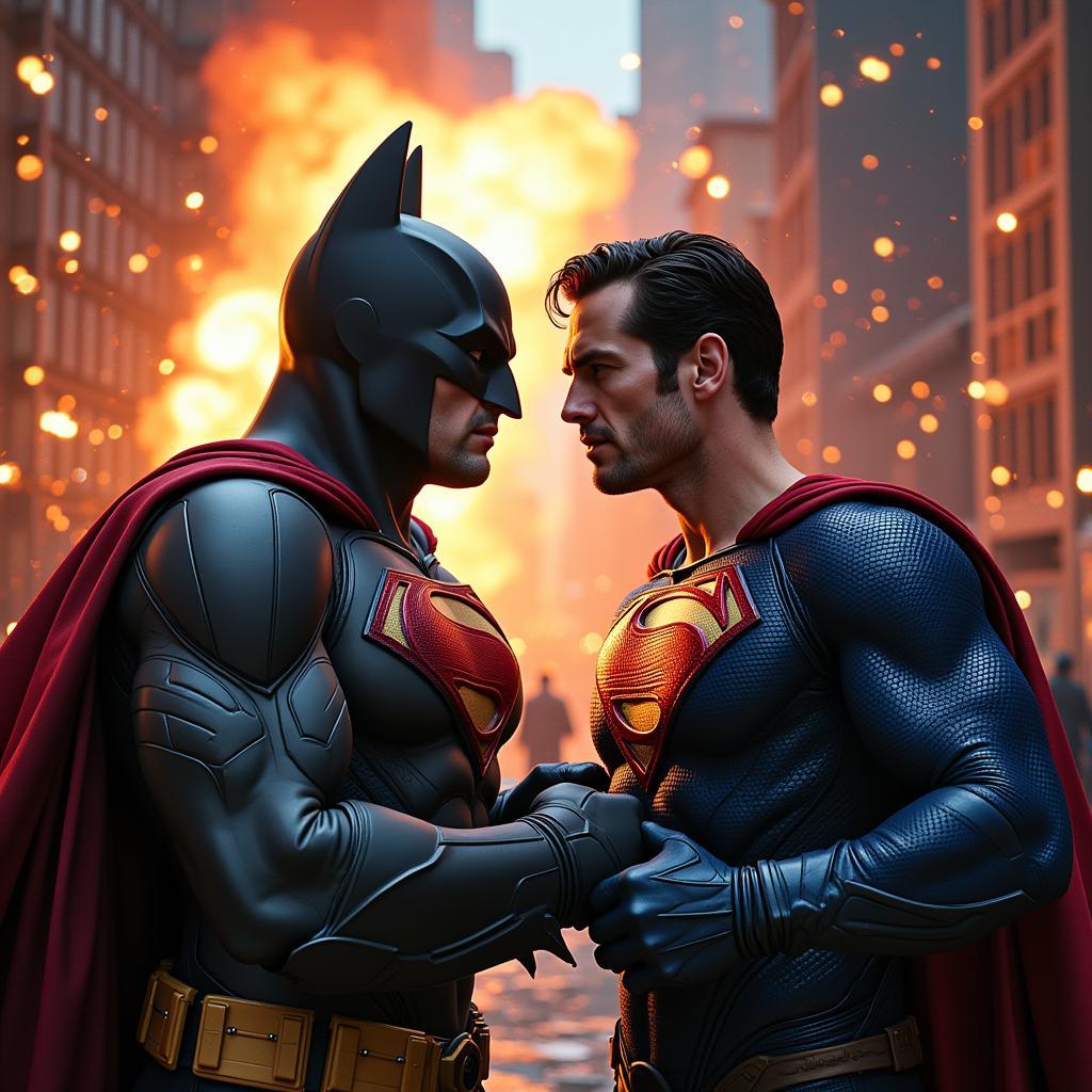 Batman and Superman clashing amidst a cacophony of sound effects