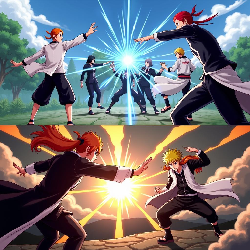 Hình ảnh gameplay của Bleach vs Naruto 3.8 với các nhân vật và kỹ năng đẹp mắt