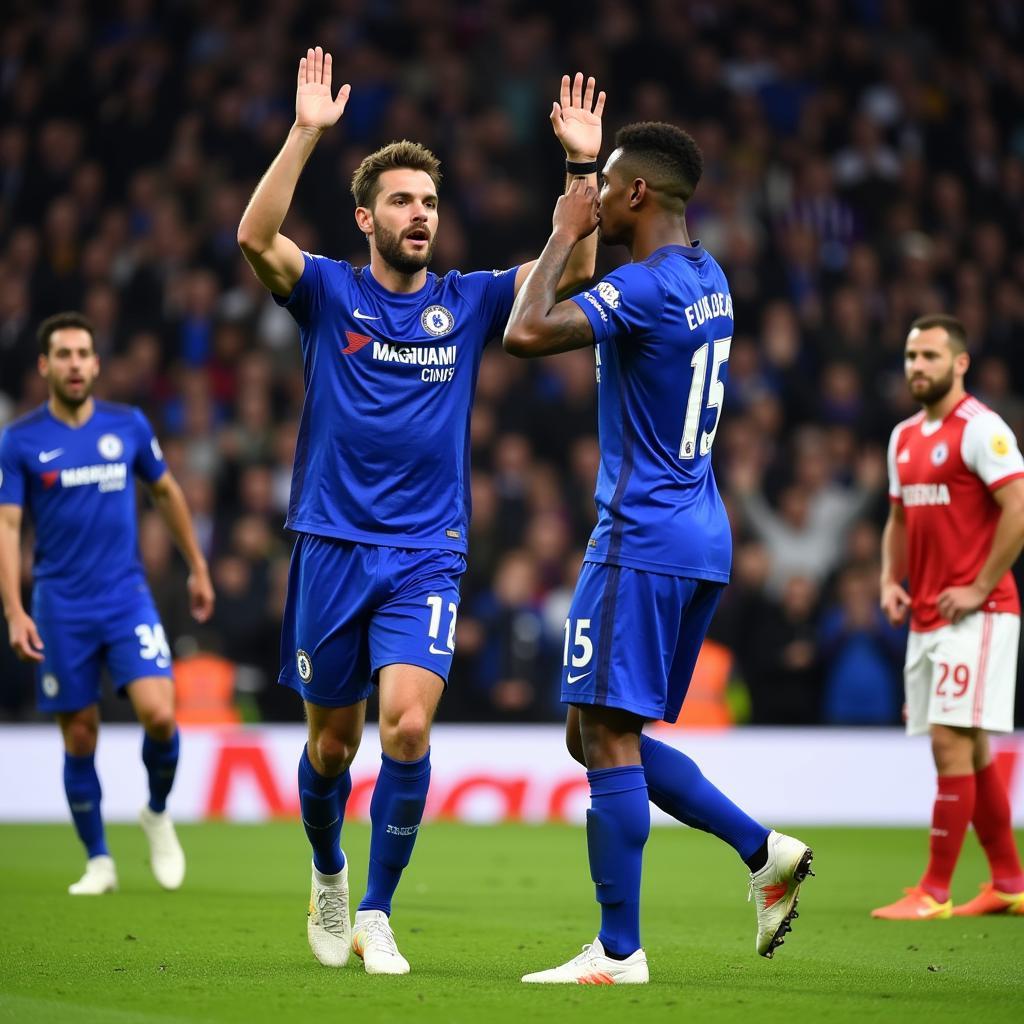 Các cầu thủ Chelsea ăn mừng bàn thắng