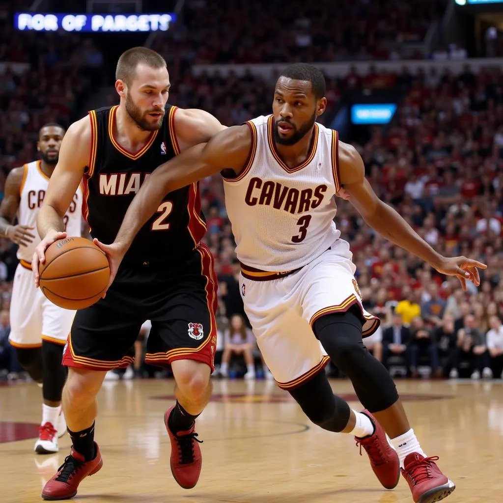 Các cầu thủ Miami Heat và Cleveland Cavaliers tranh bóng quyết liệt