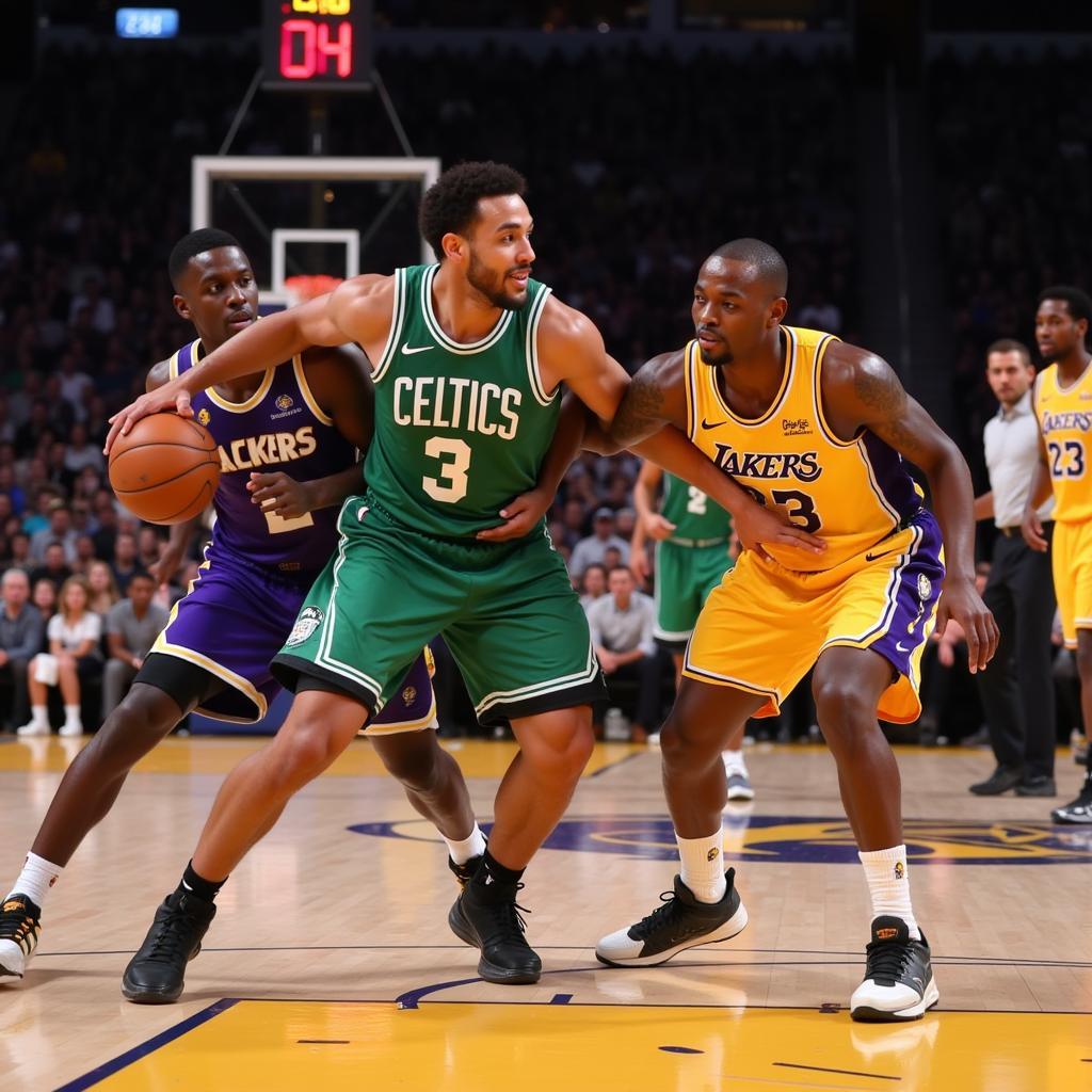 Cầu thủ Boston Celtics và Lakers tranh bóng