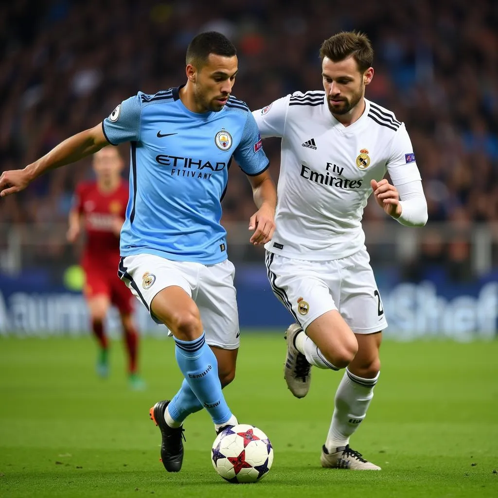 Cầu thủ Man City và Real Madrid tranh bóng