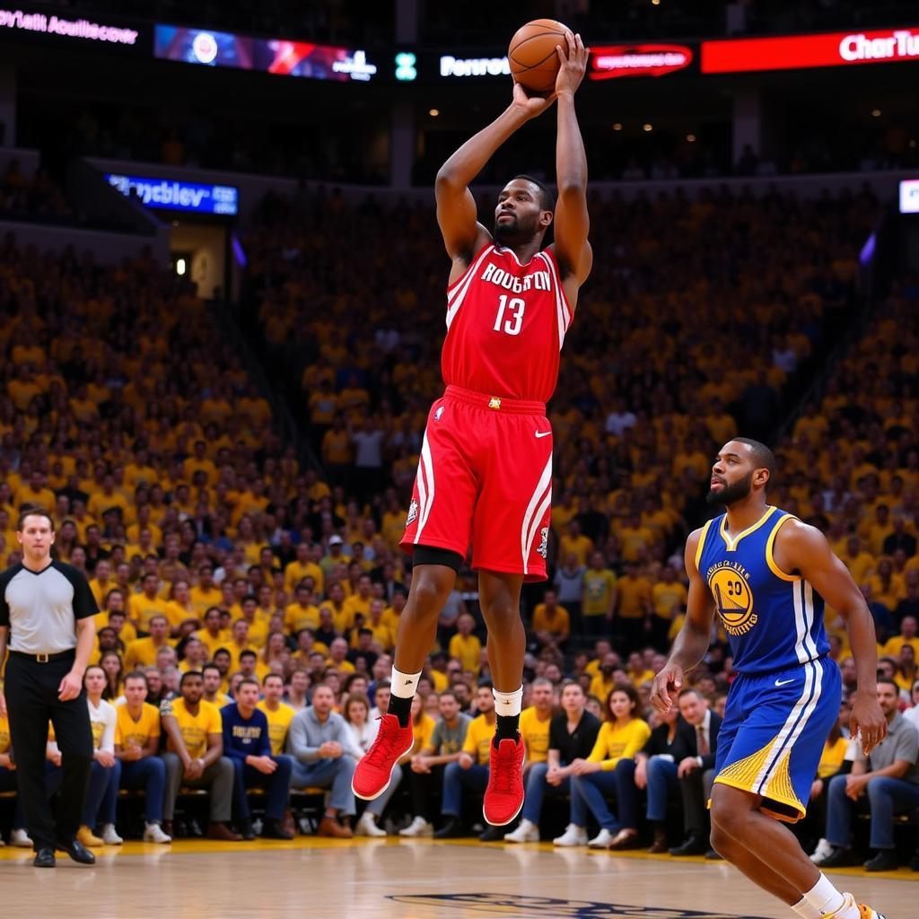 Cầu thủ Rockets ném bóng trong trận GSW vs HOU