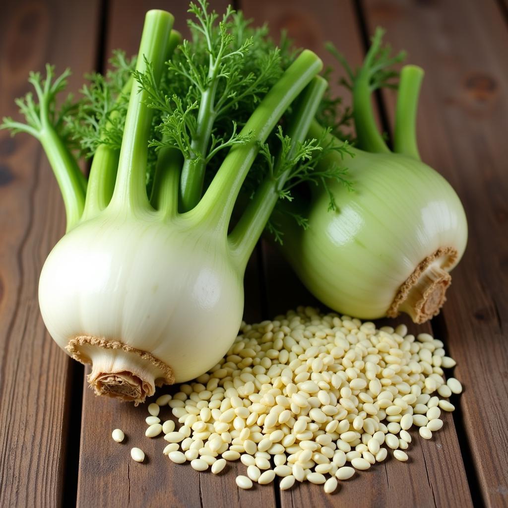 Cây và hạt fennel trên bàn gỗ