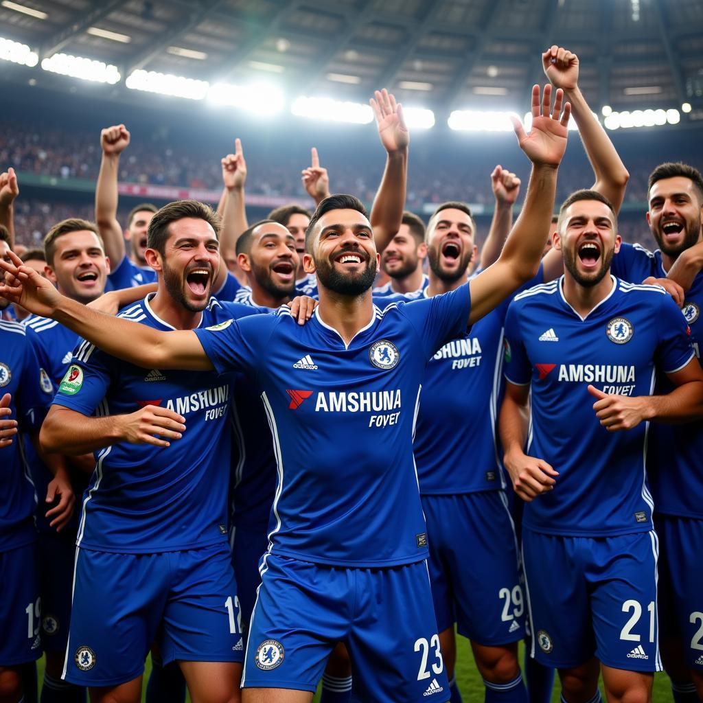 Chelsea players celebrate their victory over Man City 