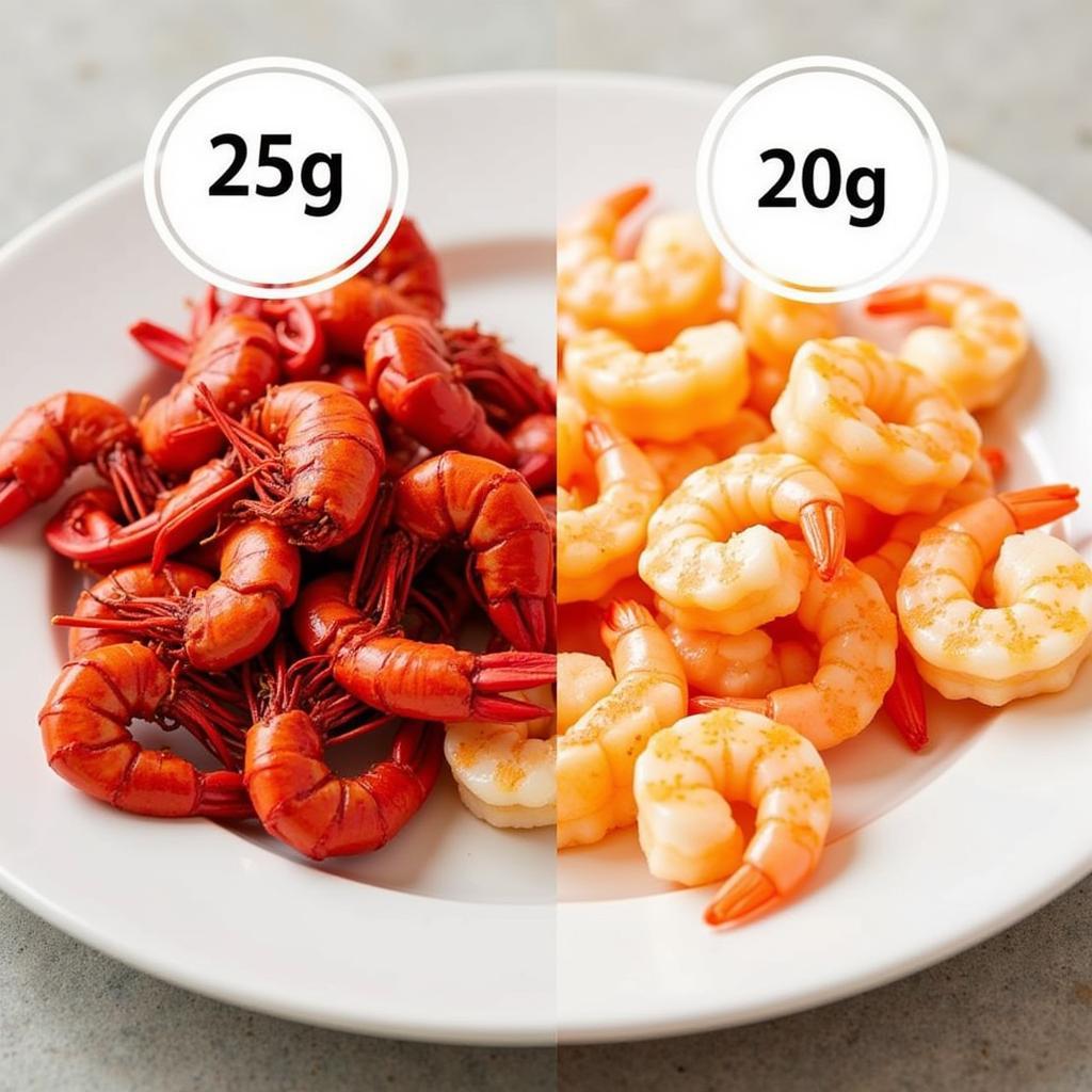 Crawfish and shrimp on a plate with labels comparing their protein content.