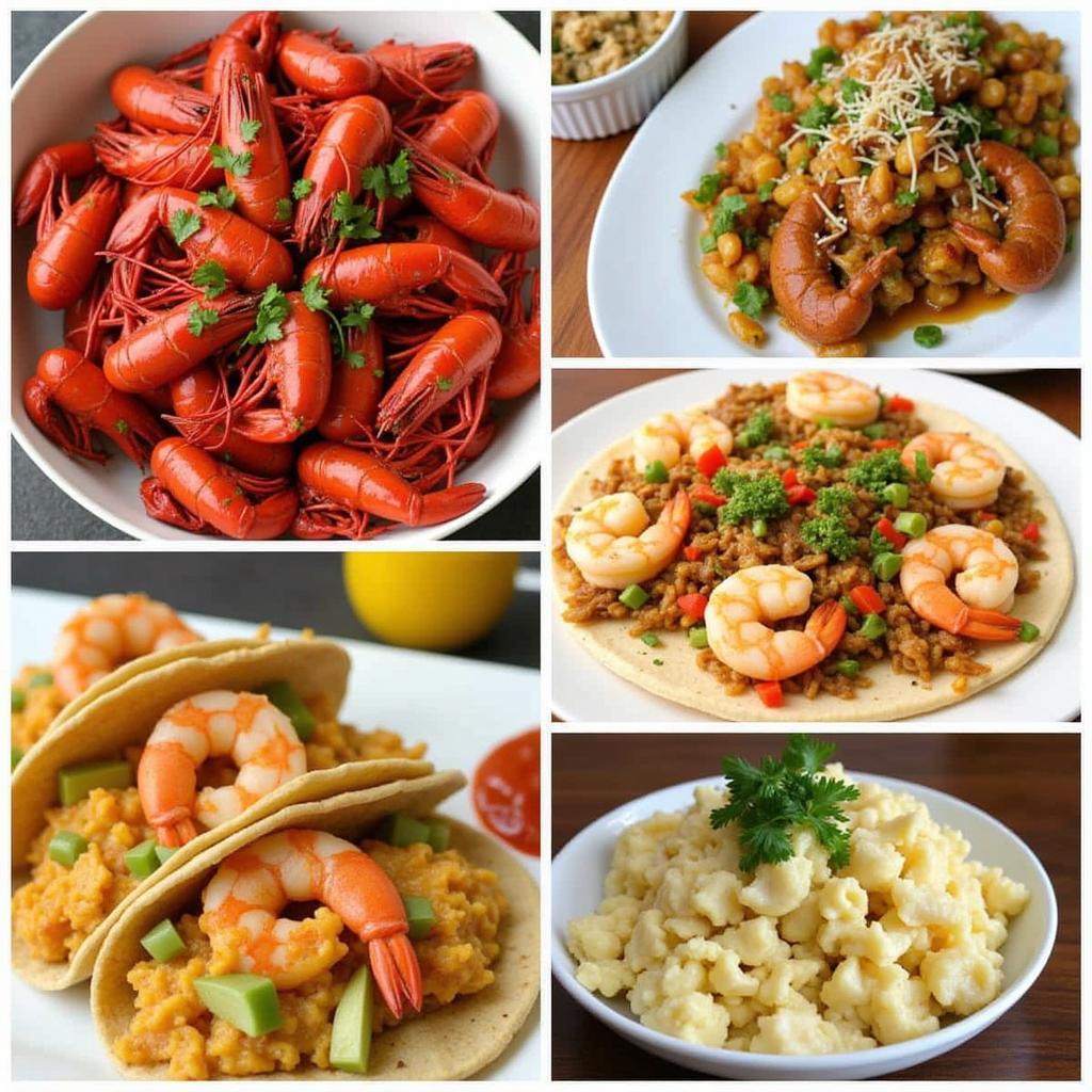 A variety of dishes featuring crawfish and shrimp.