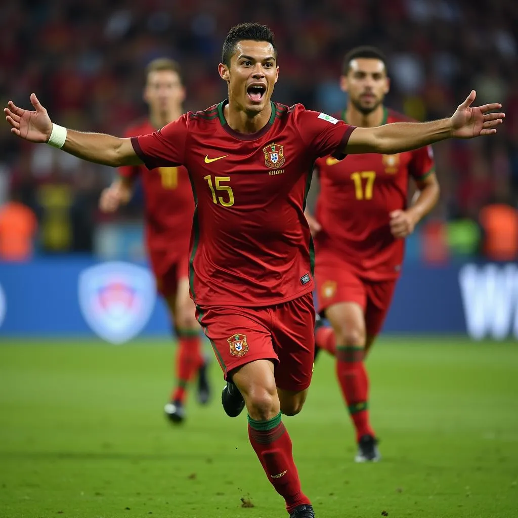 Cristiano Ronaldo ăn mừng bàn thắng vào lưới Tây Ban Nha