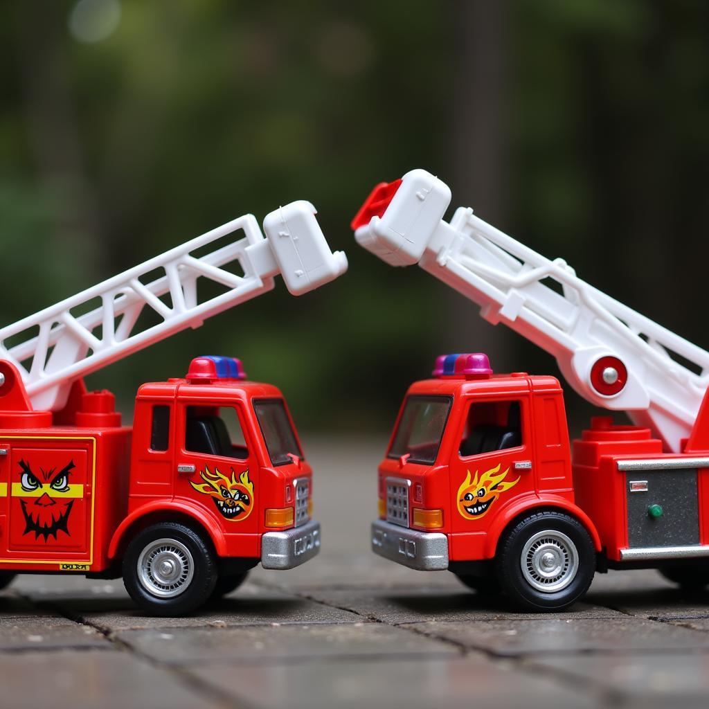 Toy Fire Trucks Engaged in a Play Battle