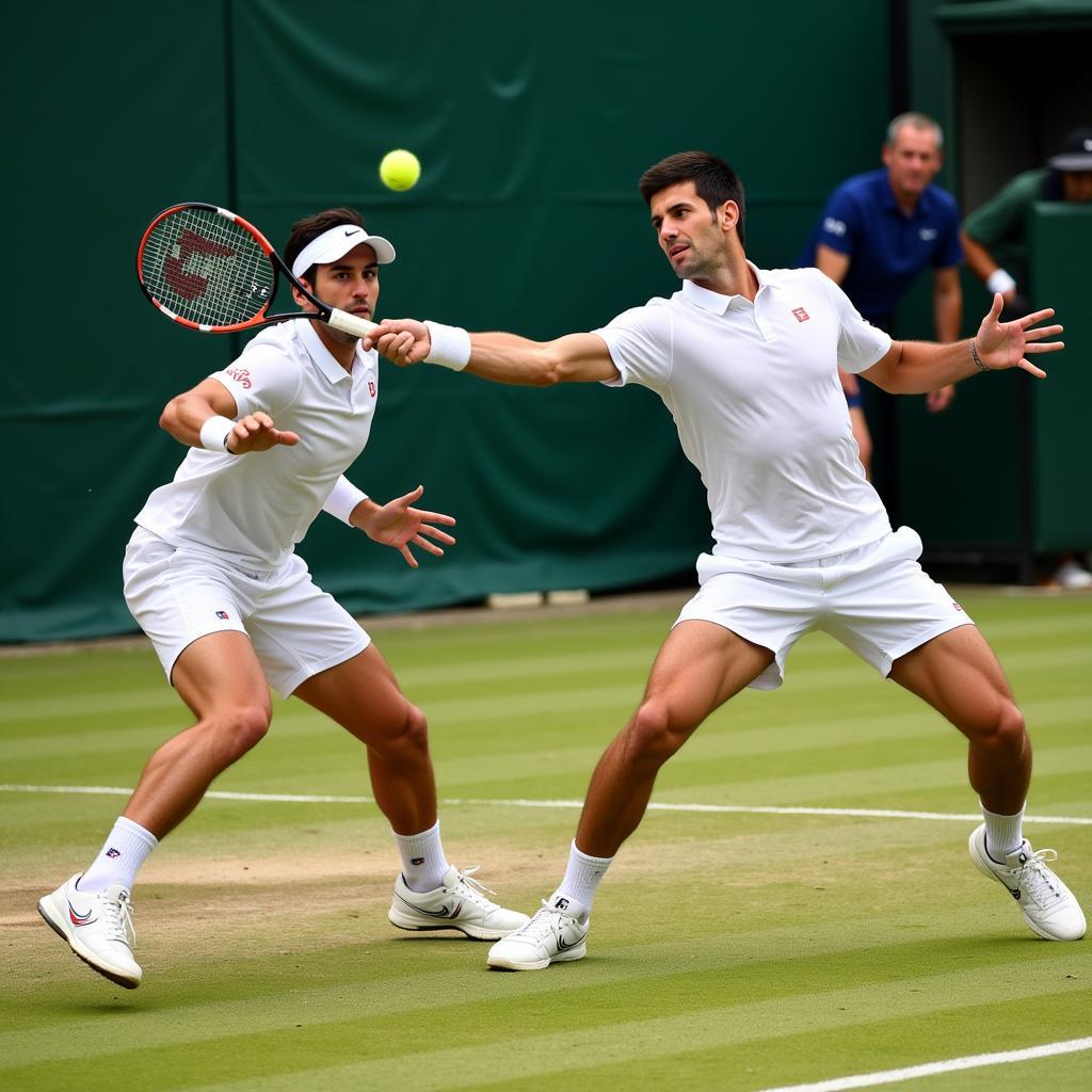 Djokovic và Zverev trong một pha đôi công nảy lửa