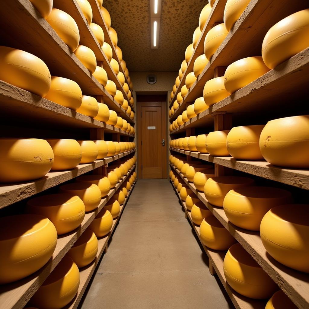 Emmental cheese aging in a cave