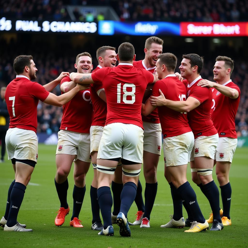 England rugby players celebrating scoring a try against New Zealand.