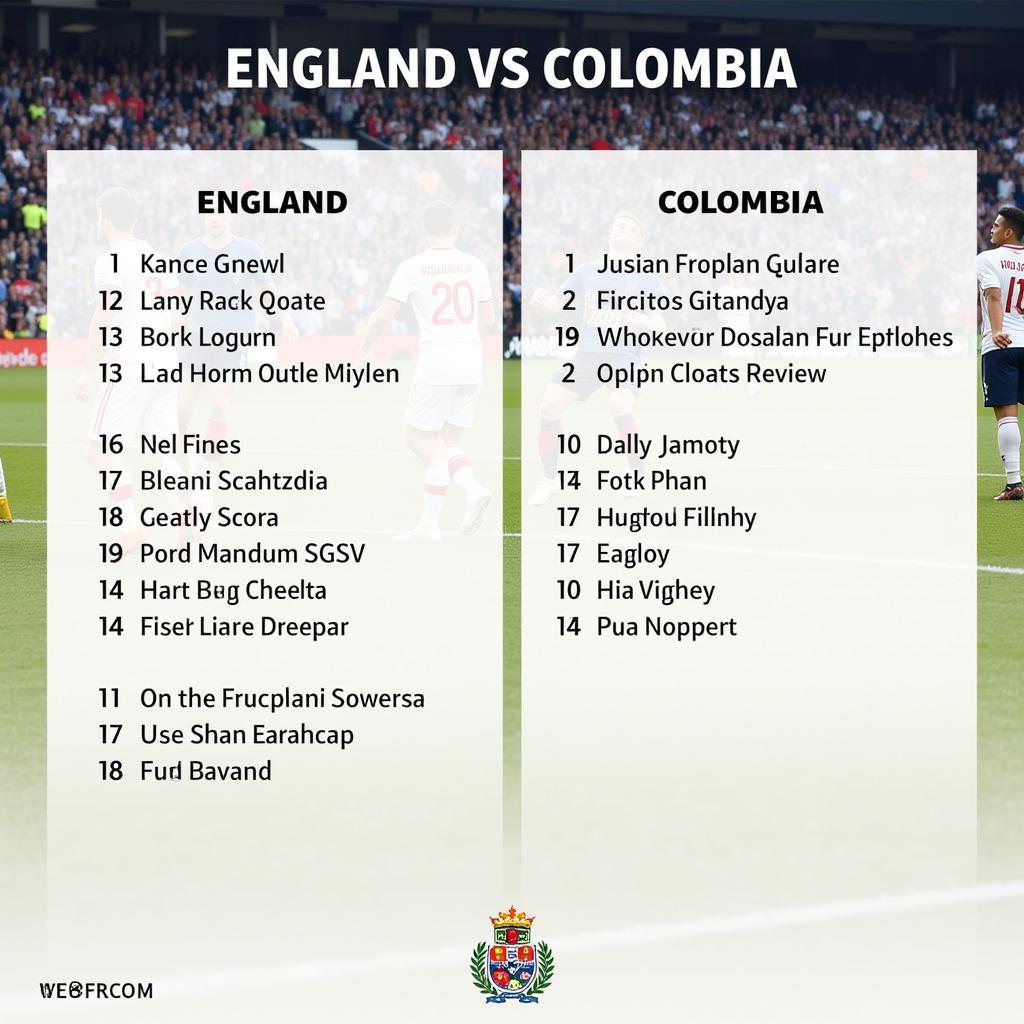 Hình ảnh đội hình hiện tại của England và Colombia