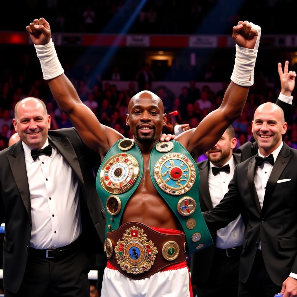 Floyd Mayweather Jr. raises his arms in victory 