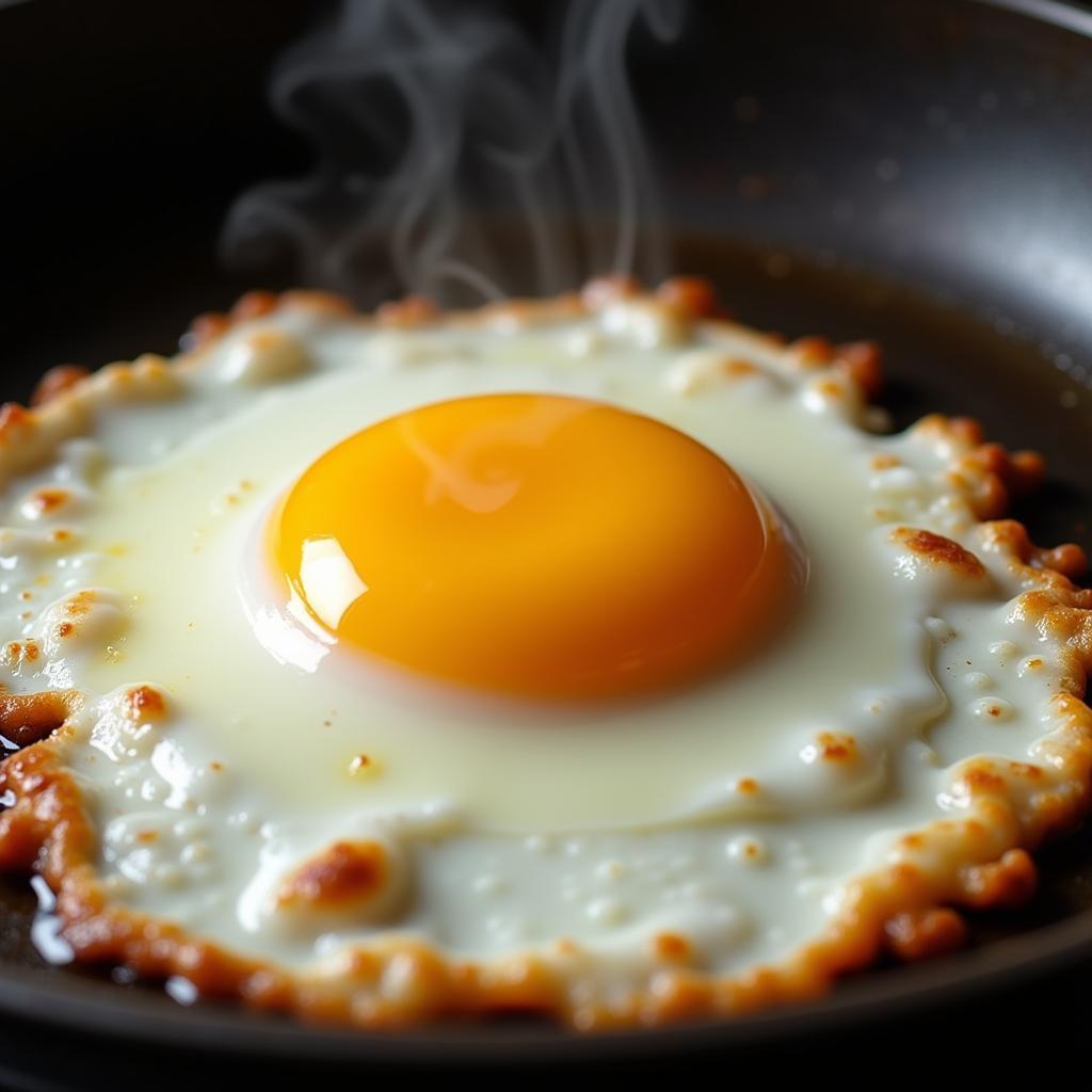 A fried egg with crispy edges on a pan.