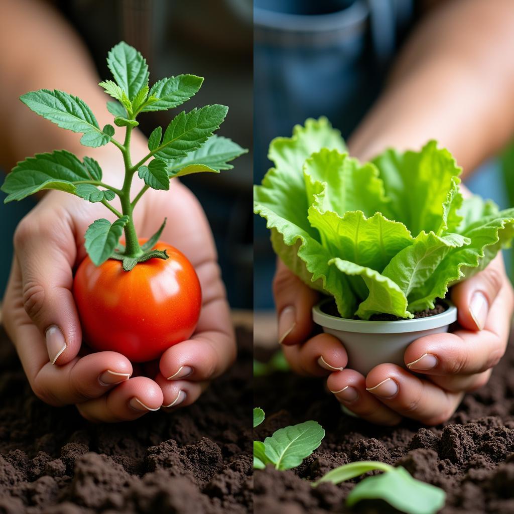 Gardener Tending to Soil and Hydroponic Plants