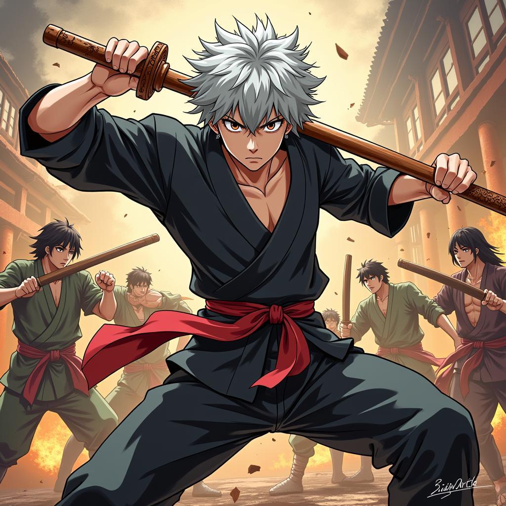 Gintoki chiến đấu với thanh kiếm gỗ