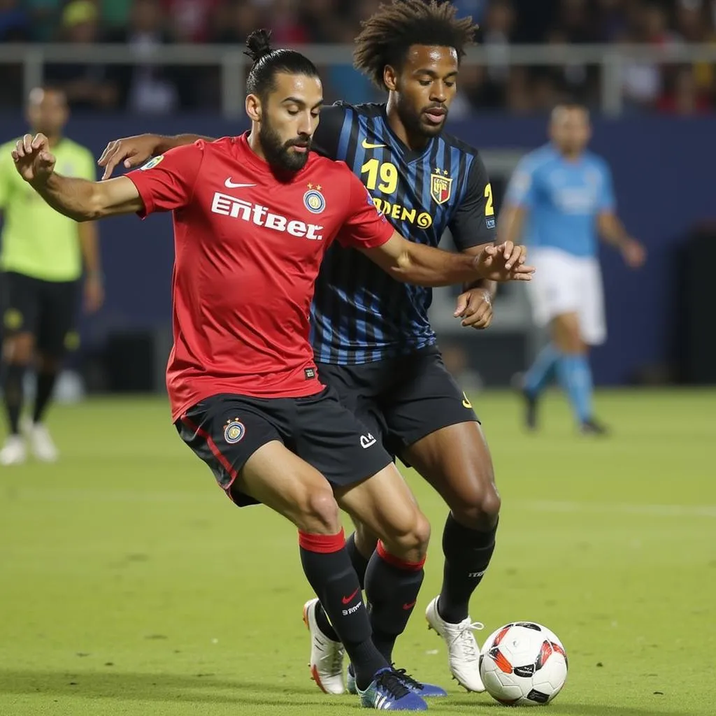 Hình ảnh Gonzalo Higuain (Inter Miami) và Hany Mukhtar (Nashville SC) đối đầu trong một pha tranh chấp bóng