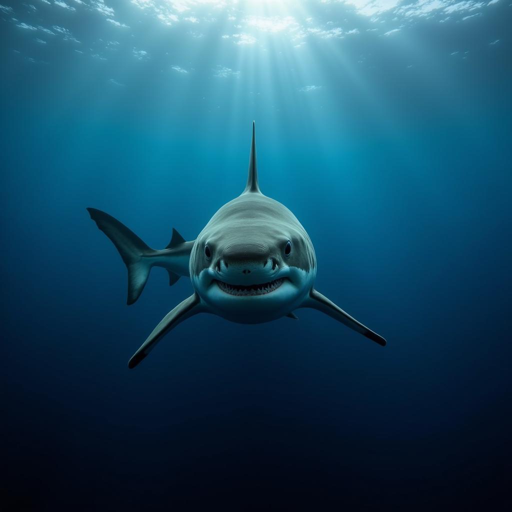 A great white shark gracefully swimming in the depths of the ocean