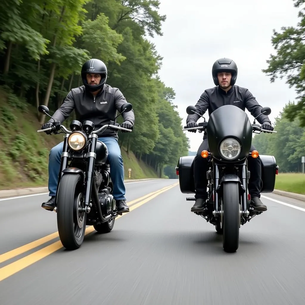 Two motorcycles, one hard tail and one soft tail, riding on a winding road.