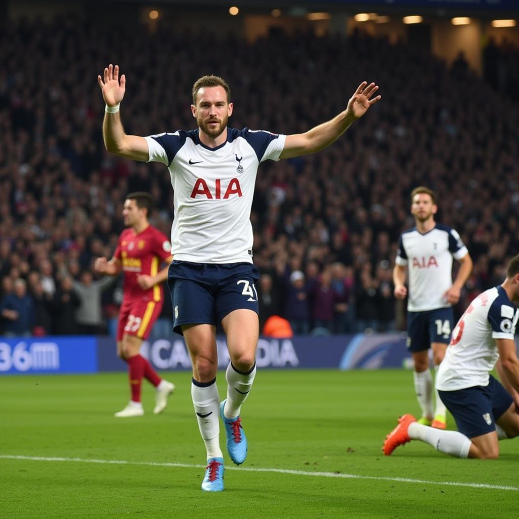 Harry Kane ăn mừng bàn thắng mở tỉ số cho Tottenham