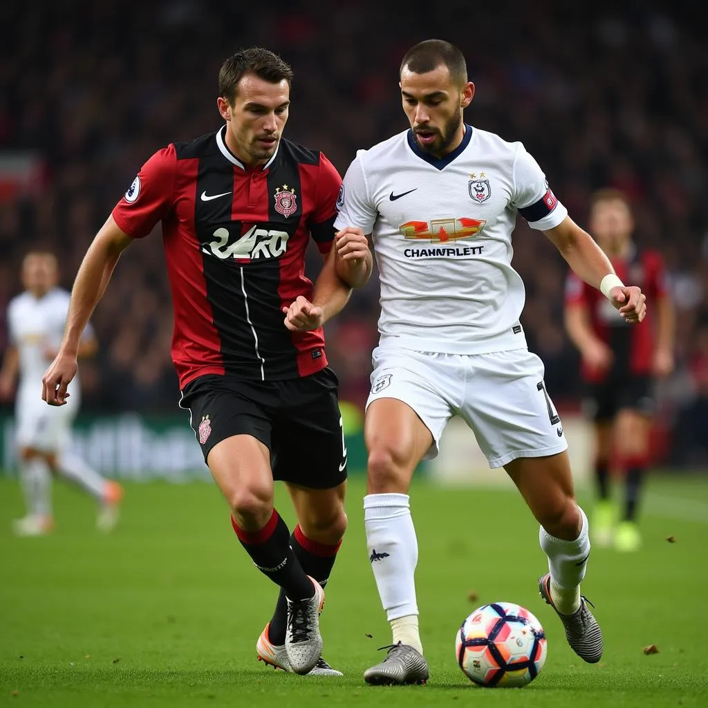 Harry Kane tranh chấp với Bruno Fernandes