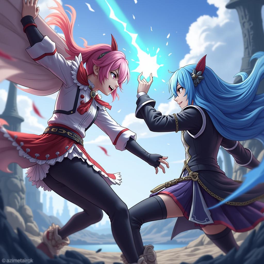 Hayate and Valhein facing off in a game