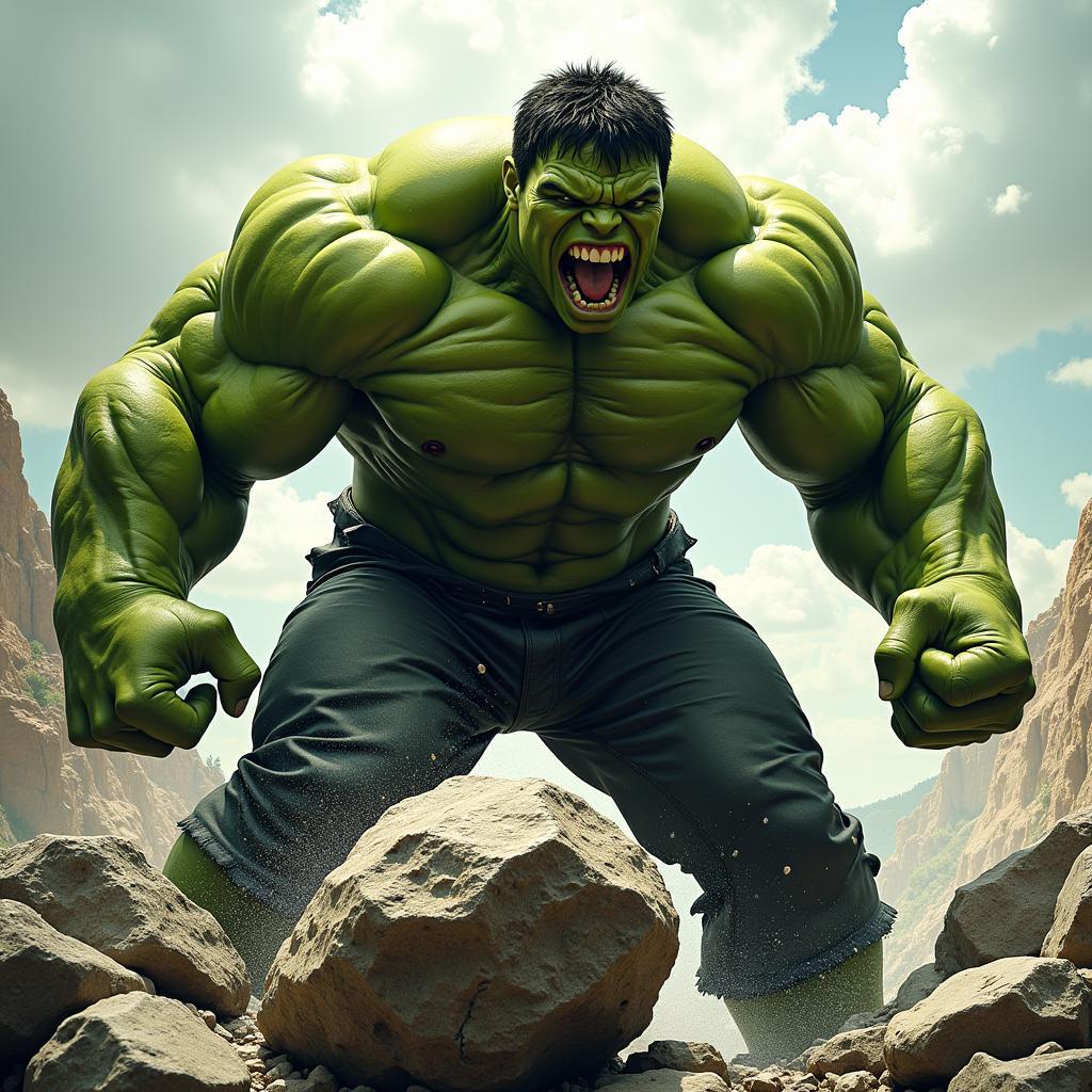 Hulk đang bóp nát một tảng đá lớn