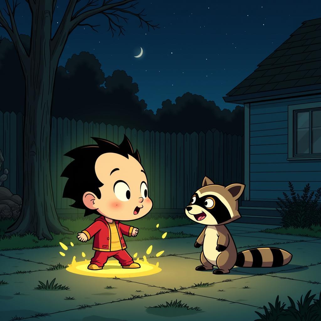 Jack-Jack facing off against the raccoon