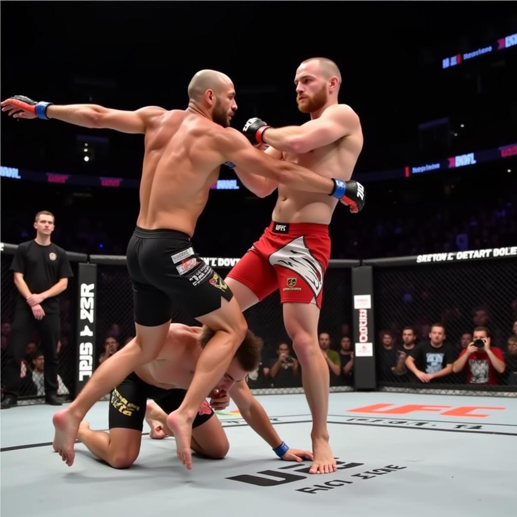 Jon Jones thực hiện takedown với Gustafsson trong UFC 232