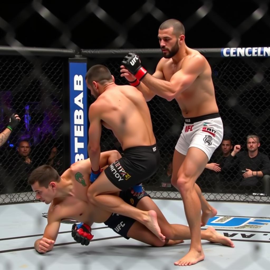 Khabib thực hiện cú takedown lên Dos Anjos