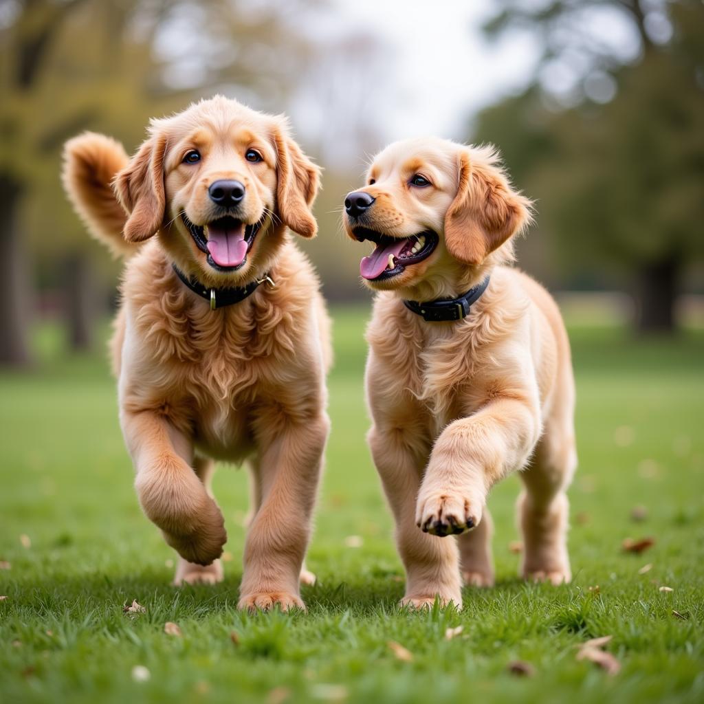 Labradoodle and Goldendoodle playing together in a park