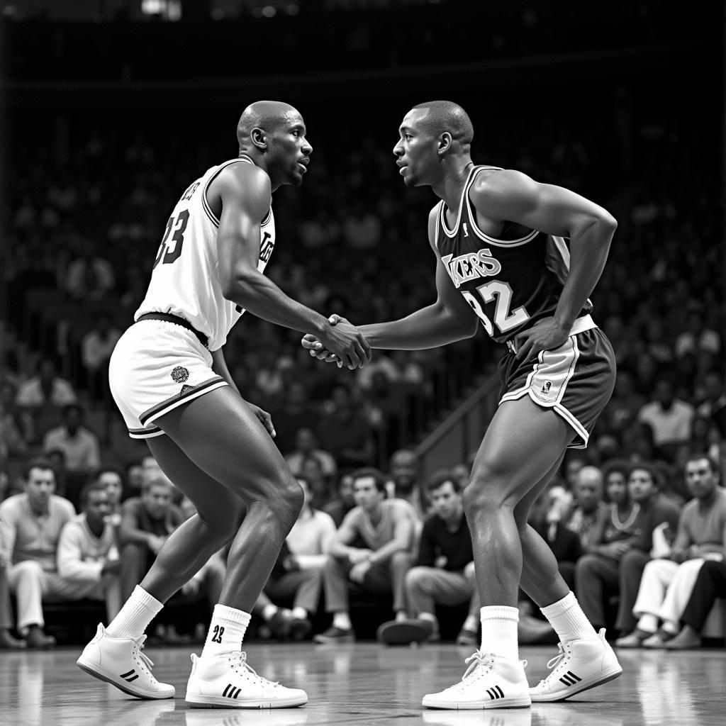 Magic Johnson và Karl Malone đối đầu trong trận đấu giữa Lakers và Jazz những năm 1980