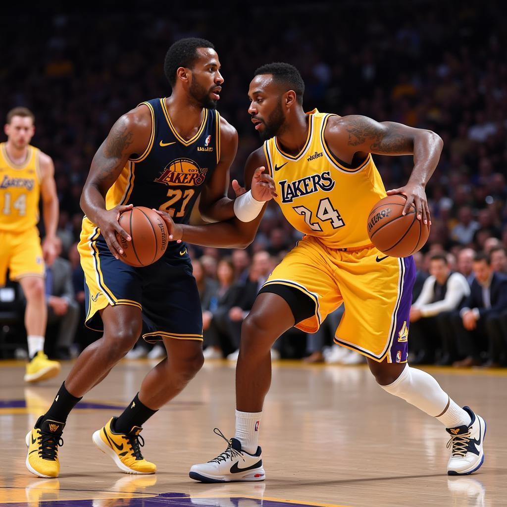 Cầu thủ Lakers và Jazz trong một pha tranh chấp quyết liệt