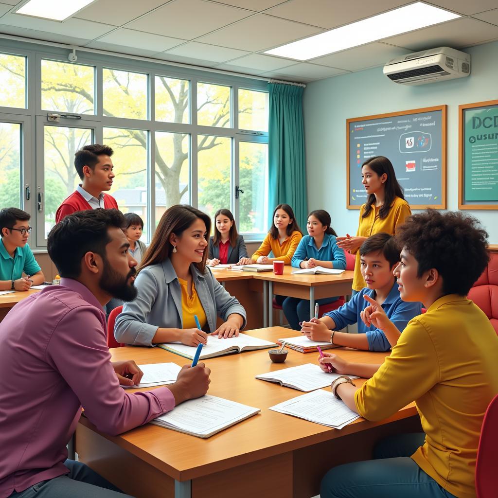 Students from diverse backgrounds engaging in a classroom discussion