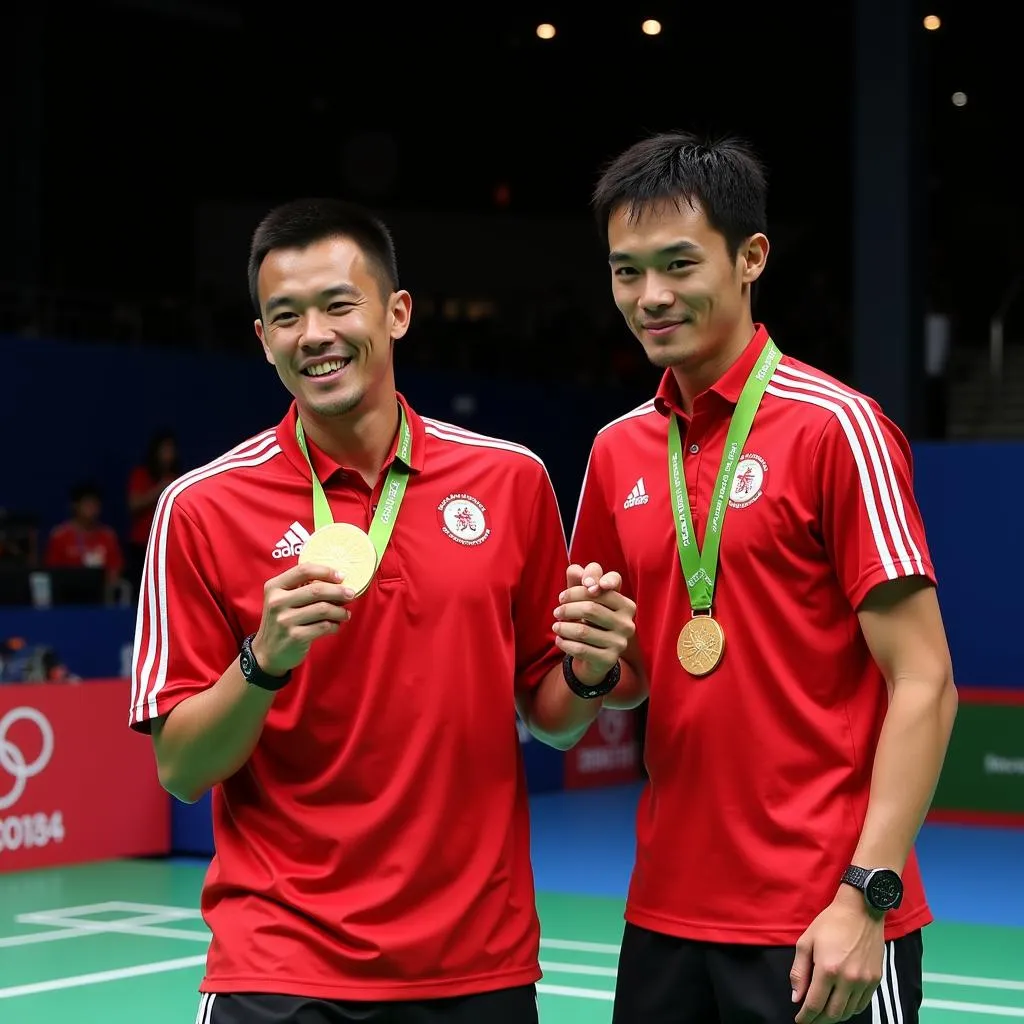 Lin Dan celebrating his victory over Lee Chong Wei at the 2008 Beijing Olympics