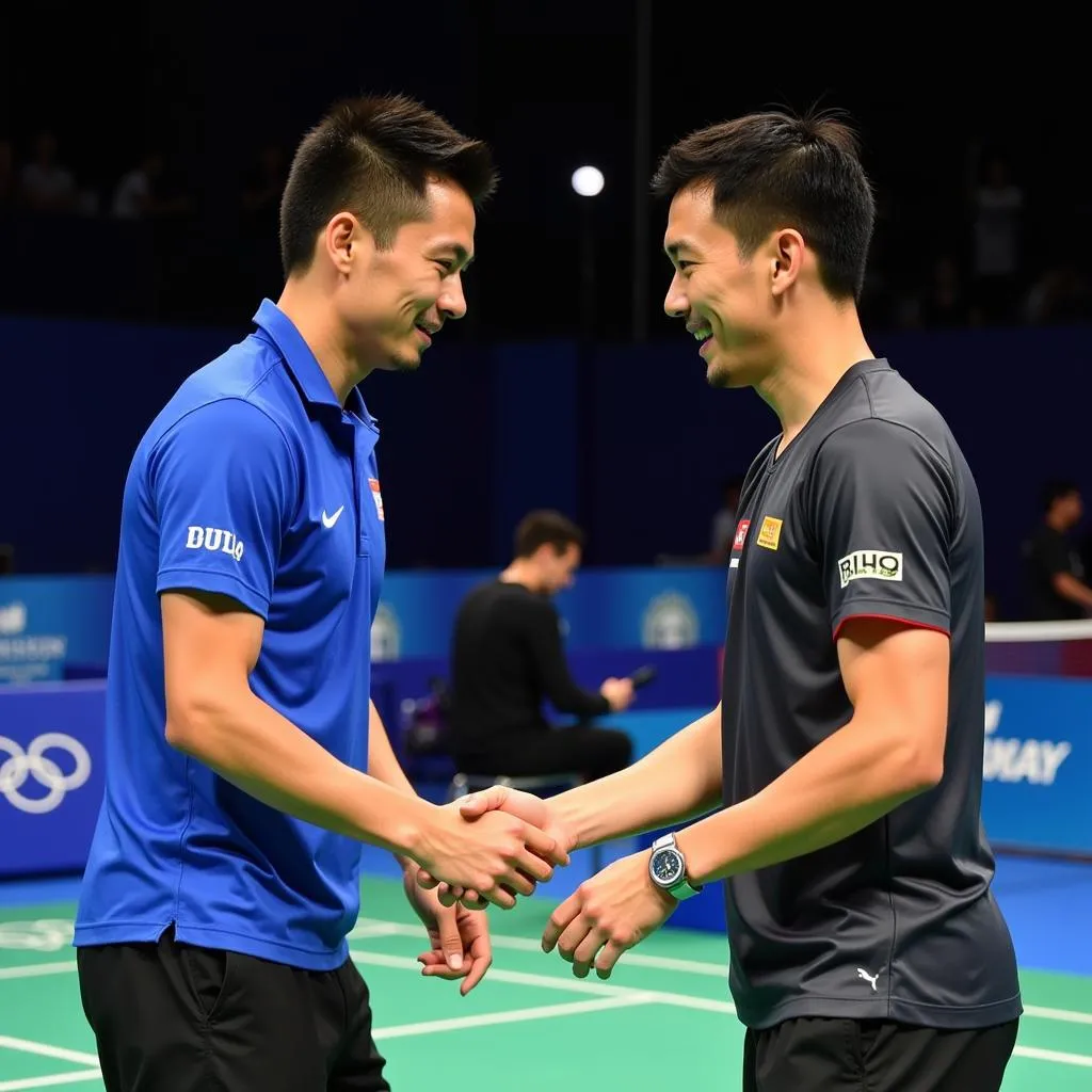 Lee Chong Wei shaking hands with Lin Dan after the 2012 London Olympics final