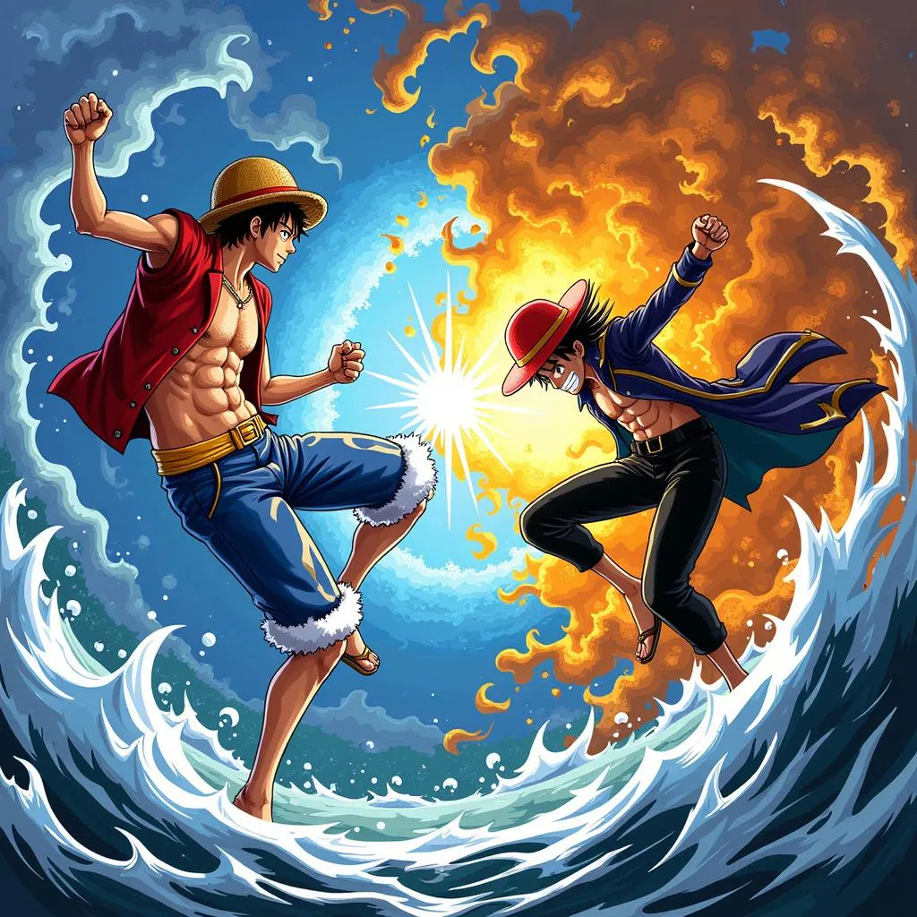 Luffy and Lucci engage in an intense battle in the Water Seven arc of One Piece.