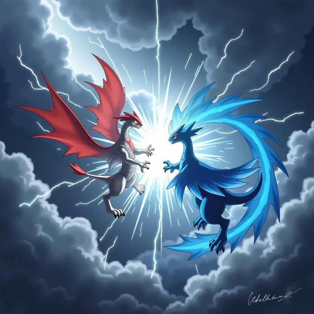 Lugia và Dialga Đối Đầu Giữa Bầu Trời