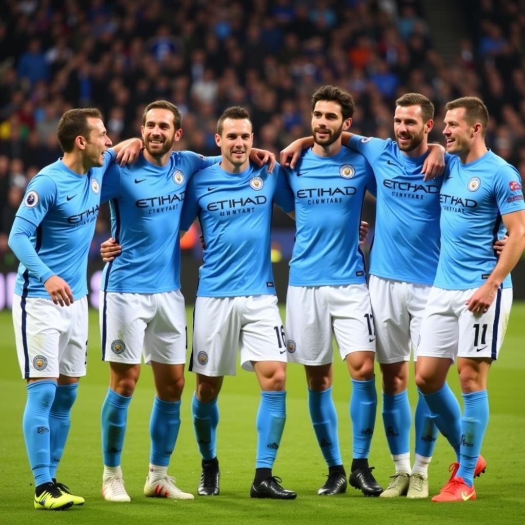 Hàng công Man City ăn mừng bàn thắng