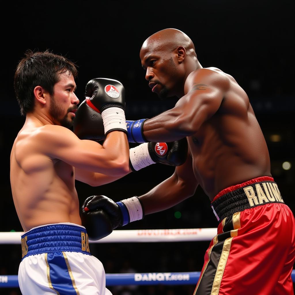 Manny Pacquiao throws a left hook at Floyd Mayweather Jr.